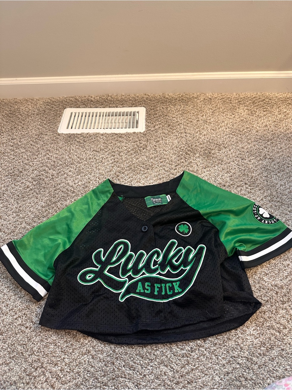 Spencer's Black & Green 'Lucky As F*ck' Crop Baseball Tee